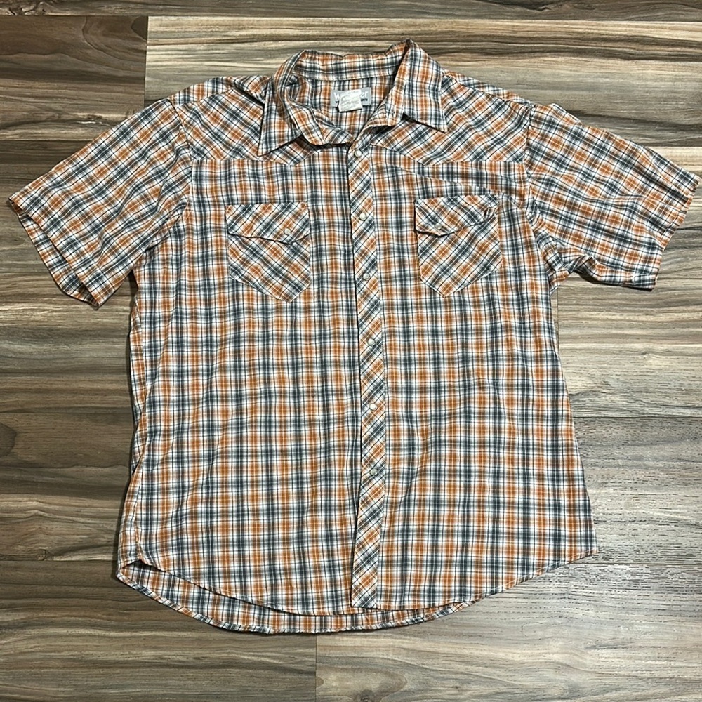 Wrangler Wrancher Shirts Pearl Snap Plaid Short Sleeve Orange Men XL Countrycore